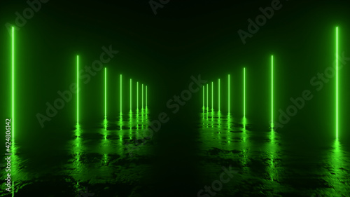 Futuristic sci fi bacgkround. Yellow neon lights glowing in a room with concrete floor with reflections of empty space. Alien  Spaceship  Future  Arch. Progress. 3d illustration