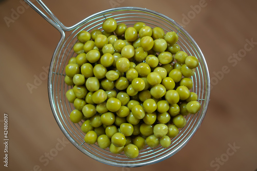 green canned peas in a colander