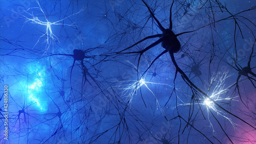 3d illustration of the activity of neurons and synapses. Neural connections in outer space, radioactivity, neurotransmitters, brain, axons. Electrical impulses transmitting signals. Mind concept. photo