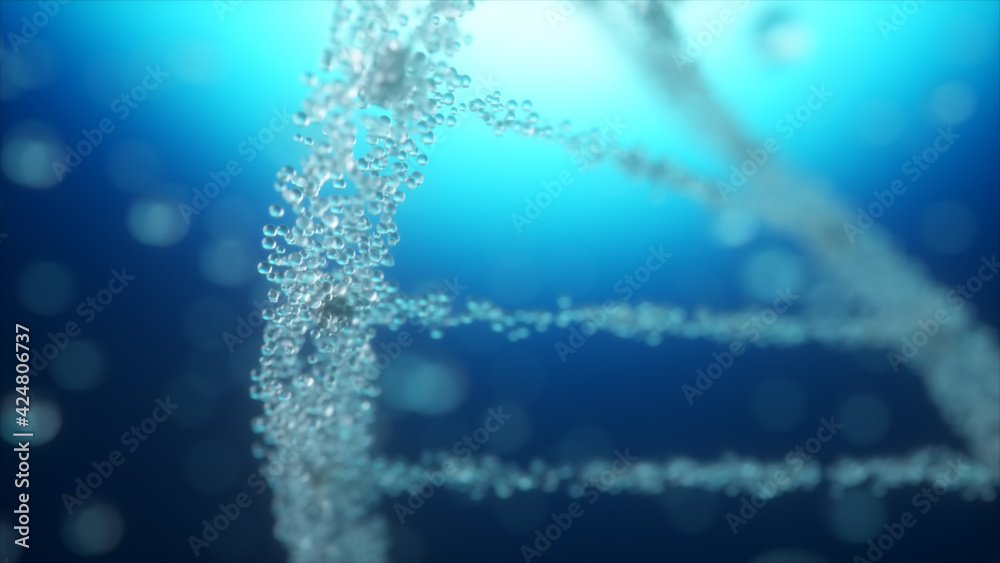 Abstract 3d illustration construction of a DNA molecule from water particles. Animation concept of digital DNA, human genome. Medical research, genetic engineering. DNA molecule