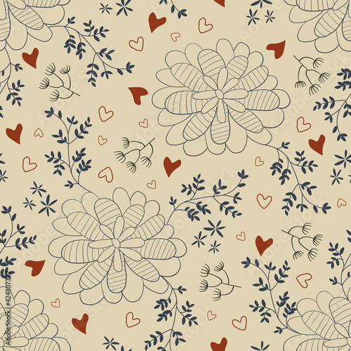 Seamless pattern with cute doodle flowers and leaves, vector illustration