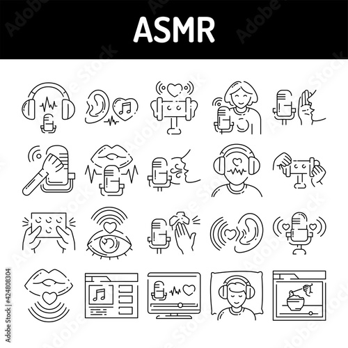 Asmr color line icons set. Autonomous sensory meridian response, sound waves as a symbol of enjoying sounds