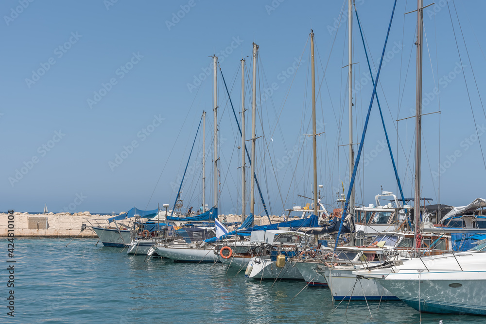 Yachts in the bay of the Mediterranean Sea. Vacation on the sea