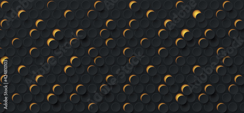 Abstract random dotted pattern on dark background. Black and gold 3D on black paper round cut. Modern circle texture design. Vector illustration Eps10.