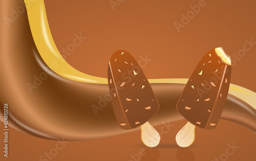 Two popsicle sticks of vanilla ice cream coated with chocolate and peanut with flowing of chocolate and vanilla liquid on brown background with free copy space. One ice cream stick has been bitten.