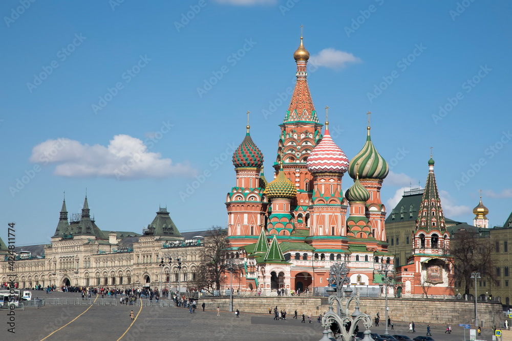 Beautiful architecture of the Moscow Kremlin. Center of Moscow. Clear sunny day. Ancient architecture.