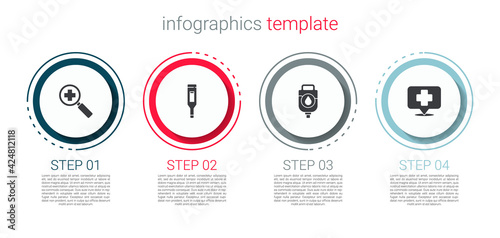 Set Magnifying glass for search medical, Medical digital thermometer, IV bag and Map pointer with cross hospital. Business infographic template. Vector