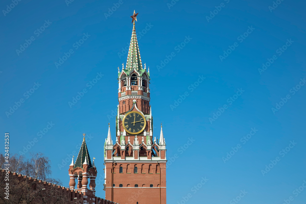 Beautiful architecture of the Moscow Kremlin. Center of Moscow. Clear sunny day. Ancient architecture.