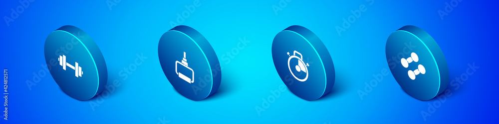 Set Isometric Dumbbell, Stopwatch, and TPX loop training equipment icon. Vector Set Isometric Dumbbell, Stopwatch, and TPX loop training equipment icon. Vector