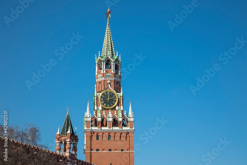 Beautiful architecture of the Moscow Kremlin. Center of Moscow. Clear sunny day. Ancient architecture.