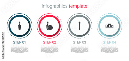 Set Bowling pin, and ball, Baseball bat and Award over sports winner podium. Business infographic template. Vector