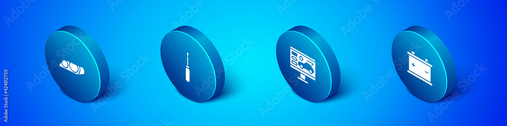 Set Isometric Car headlight, Diagnostics condition of car, battery and Screwdriver icon. Vector Set Isometric Car headlight, Diagnostics condition of car, battery and Screwdriver icon. Vector