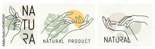 Female hands with leaves. Emblem for spa beauty salon and natural products