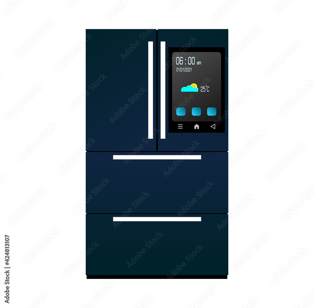Dark blue smart refrigerator with display on white background. Display show time, date, temperature, and icon. Dark blue smart refrigerator with display on white background. Display show time, date, temperature, and icon.