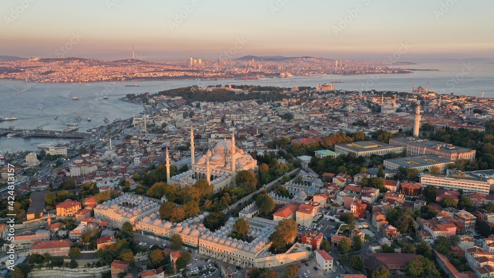 aerial view of istanbul, bosphorus and suleymaniye mosque at sunrise