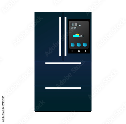 Dark blue smart refrigerator with display on white background. Display show time, date, temperature, and icon.