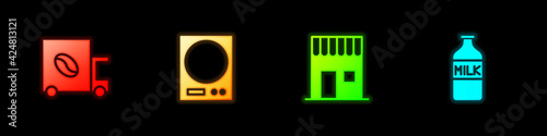 Set Coffee street truck machine, Electronic scales, shop and Bottle with milk icon. Vector