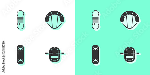 Set Rafting boat, Climber rope, Skateboard trick and Parachute icon. Vector