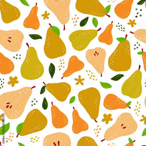 seamless pattern with hand drawn pears and leaves on white background. Abstract design for wrapping paper, textile and fabric prints, bedding, scrapbooking, etc.