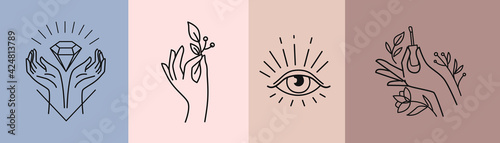 Womans hand collection line hands of different gestures. Lineart for nail studio, posters, cards, tattoo elements