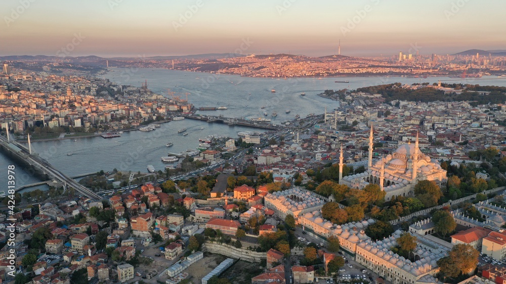 aerial view of istanbul, bosphorus and suleymaniye mosque at sunrise