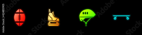 Set Rugby ball, Skates, Bicycle helmet and Longboard or skateboard icon. Vector