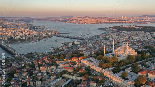 aerial view of istanbul, bosphorus and suleymaniye mosque at sunrise