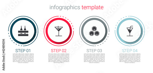 Set Pack of beer bottles, Martini glass, Wooden barrels and Cocktail. Business infographic template. Vector