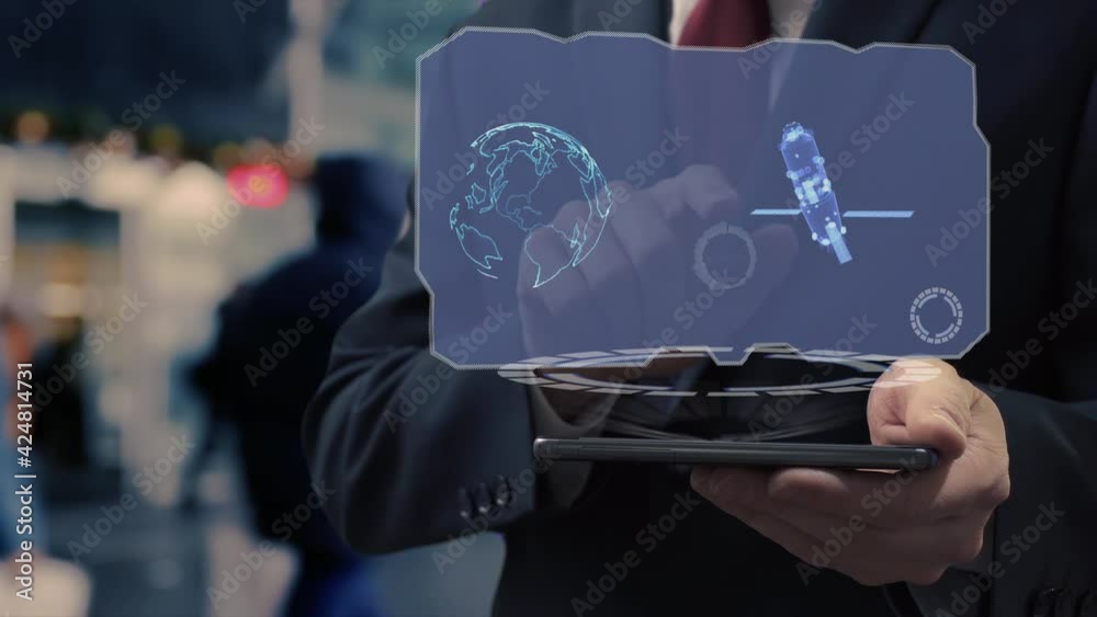 Unrecognizable businessman uses hologram on smartphone with rotating satellite. Man in shirt and jacket with holographic screen on background of entrance to the airport or train station
