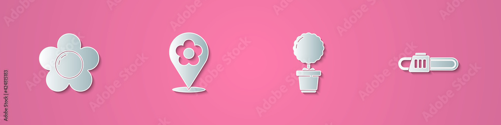 Set paper cut Flower, Location with flower, in pot and Chainsaw icon. Paper art style. Vector Set paper cut Flower, Location with flower, in pot and Chainsaw icon. Paper art style. Vector