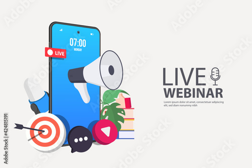 Live Webinar with mobile phone. Virtual concept. Video play button symbol. Vector stock illustration.