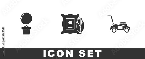 Set Flower in pot, Corn the sack and Lawn mower icon. Vector