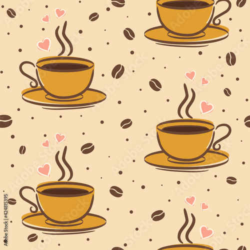 Seamless comic coffee pattern with hand drawn elements. Doodle Cup  hearts and coffee beans. Background for cafe  restaurant  coffee shop or menu. Vector illustration.
