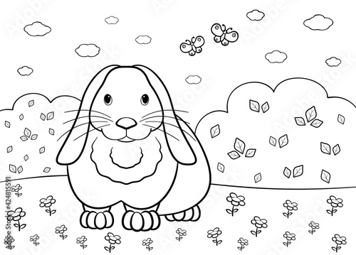 Rabbit is in a spring meadow. Illustration for coloring book.