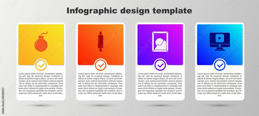 Set Bomb ready to explode, Rolling pin, Picture landscape and Online play video. Business infographic template. Vector Set Bomb ready to explode, Rolling pin, Picture landscape and Online play video. Business infographic template. Vector
