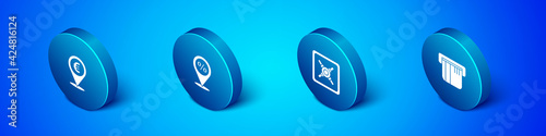 Set Isometric Cash location, Safe, Credit card and Location with percent discount icon. Vector