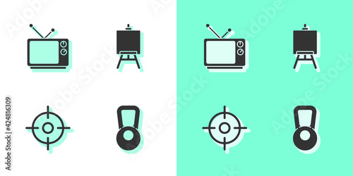 Set Kettlebell, Retro tv, Target sport and Easel painting art boards icon. Vector