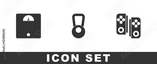Set Bathroom scales, Kettlebell and Gamepad icon. Vector