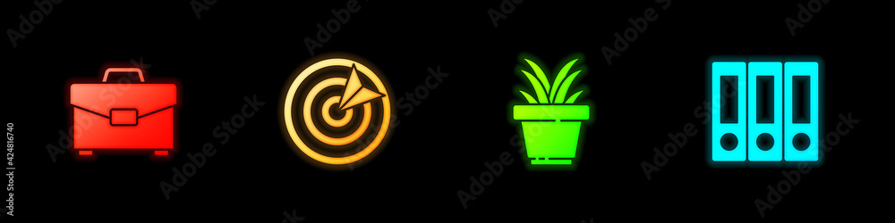 Set Briefcase, Target sport, Plant in pot and Office folders icon. Vector Set Briefcase, Target sport, Plant in pot and Office folders icon. Vector