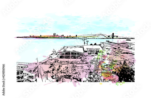 Building view with landmark of Duran is the 
township in Ecuador. Watercolor splash with hand drawn sketch illustration in vector.