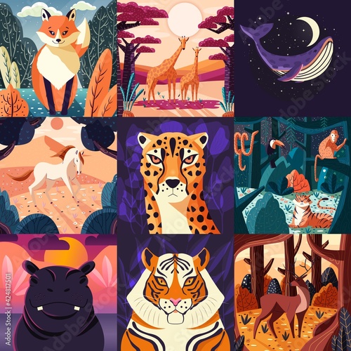 Collection of nine hand drawn illustrations of animals and nature. Beautiful landscapes and wildlife.