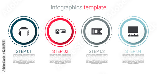 Set Headphones, Cinema camera, ticket and auditorium with screen. Business infographic template. Vector