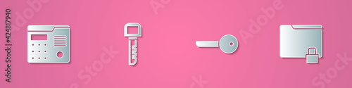 Set paper cut House intercom system, Key, and Folder and lock icon. Paper art style. Vector