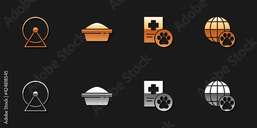 Set Hamster wheel, Pet food bowl, Clinical record pet and World icon. Vector