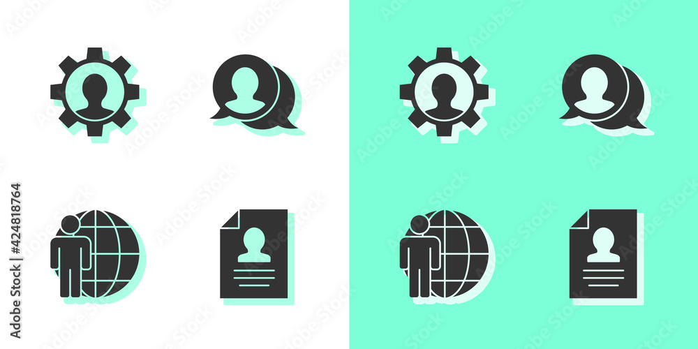 Fototapeta premium Set Resume, Human with gear, Head hunting and Speech bubble chat icon. Vector