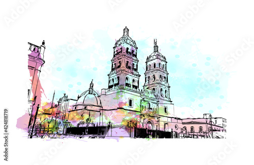 Building view with landmark of Durango is the 
city in Mexico. Watercolor splash with hand drawn sketch illustration in vector.