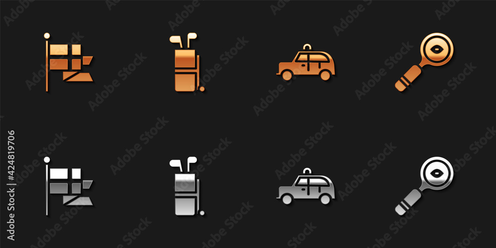 Set England flag on flagpole, Golf bag with clubs, Taxi car and Magnifying glass icon. Vector Set England flag on flagpole, Golf bag with clubs, Taxi car and Magnifying glass icon. Vector