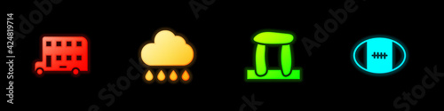 Set Double decker bus, Cloud with rain, Stonehenge and Rugby ball icon. Vector