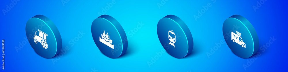 Set Isometric Tractor, Train and railway, TV News car and Cruise ship icon. Vector Set Isometric Tractor, Train and railway, TV News car and Cruise ship icon. Vector