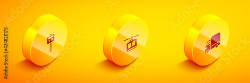 Set Isometric Road traffic signpost, Cable car and Delivery cargo truck icon. Vector
